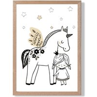 ARTZE Scandi Princess Little & Pegasus Framed Print SIZE: A2 with Oak Frame in Black | Size: A3