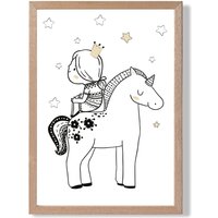 ARTZE Scandi Princess Little Sitting on Unicorn Framed Print SIZE: A3 with Oak Frame in Black | Size: A4