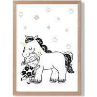 ARTZE Scandi Princess Little Hugging Unicorn Framed Print SIZE: A4 with Oak Frame in Black | Size: A2