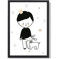 ARTZE Scandi Prince Little Boy with Dog Framed Print SIZE: A3 with Black Frame | Size: A2
