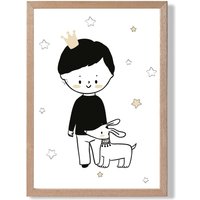 ARTZE Scandi Prince Little Boy with Dog Framed Print SIZE: A4 with Oak Frame in Black | Size: A2