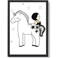 ARTZE Scandi Prince Little Boy Sitting on a Unicorn Framed Print SIZE: A2 with Black Frame | Size: A4