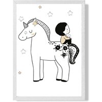 ARTZE Scandi Prince Little Boy Sitting on a Unicorn Framed Print SIZE: A4 with White Frame in Black | Size: A3