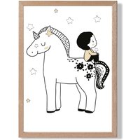 ARTZE Scandi Prince Little Boy Sitting on a Unicorn Framed Print SIZE: A4 with Oak Frame in Black | Size: A2