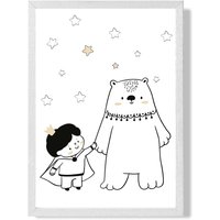 ARTZE Scandi Prince Little Boy with Bear Framed Print SIZE: A4 with White Frame in Black
