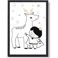 ARTZE Scandi Prince Little Boy with Reindeer Framed Print SIZE: A4 with Black Frame
