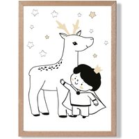 ARTZE Scandi Prince Little Boy with Reindeer Framed Print SIZE: A4 with Oak Frame in Black | Size: A3