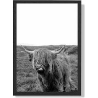 ARTZE Cheeky Highland Cow Animal Black & White Photo Framed Print SIZE: A4 with Black Frame | Size: A3