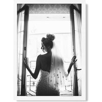 ARTZE Bride in Window Fashion Black & White Photo Framed Print SIZE: A2 with White Frame