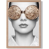 ARTZE Girl with Gold Bling Sunglasses Fashion Black & White Photo Framed Print SIZE: A4 with Oak Frame | Size: A3