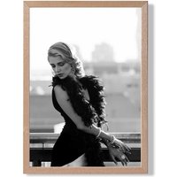 ARTZE Woman on a Paris Balcony Fashion Black & White Photo Framed Print SIZE: A3 with Oak Frame