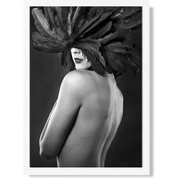 ARTZE Woman with Feathers Mask Fashion Black & White Photo Framed Print SIZE: A3 with White Frame | Size: A4