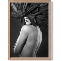 ARTZE Woman with Feathers Mask Fashion Black & White Photo Framed Print SIZE: A4 with Oak Frame | Size: A2