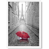 ARTZE Red Umbrella in Paris with Eiffel Tower Framed Print SIZE: A3 with White Frame in Black | Size: A2