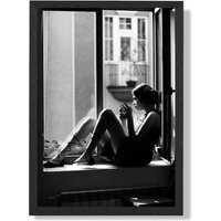 ARTZE Girl in Window Fashion Black & White Photo Framed Print SIZE: A2 with Black Frame