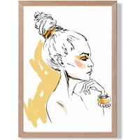 ARTZE Girl Fashion Pen & Ink Sketch Framed Print SIZE: A4 with Oak Frame in Yellow