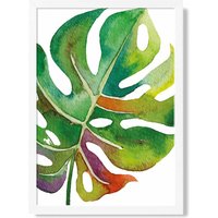ARTZE Monstera Leaf Abstract Watercolour Botanical Framed Print SIZE: A3 with White Frame in Green
