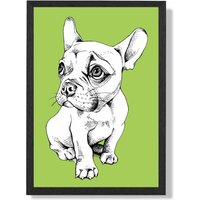 ARTZE Sketch French Bulldog on Bright Green Framed Print SIZE: A2 with Black Frame | Size: A4