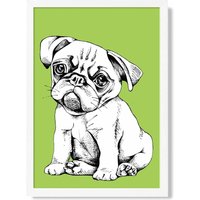 ARTZE Sketch Pug Dog on Bright Green Framed Print SIZE: A2 with White Frame | Size: A4