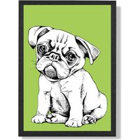 ARTZE Sketch Pug Dog on Bright Green Framed Print SIZE: A2 with Black Frame