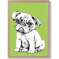 ARTZE Sketch Pug Dog on Bright Green Framed Print SIZE: A2 with Oak Frame
