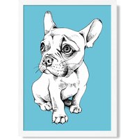 ARTZE Sketch French Bulldog on Bright Blue Framed Print SIZE: A3 with White Frame | Size: A2