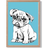 ARTZE Sketch Pug Dog on Bright Blue Framed Print SIZE: A2 with Oak Frame | Size: A3