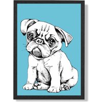 ARTZE Sketch Pug Dog on Bright Blue Framed Print SIZE: A3 with Black Frame | Size: A2