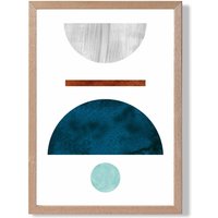 ARTZE Teal & Grey Semi Circles Mid Century Geometric Framed Print SIZE: A4 with Oak Frame | Size: A3