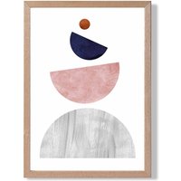 ARTZE Grey & Navy Blue Circles Mid Century Geometric Framed Print SIZE: A3 with Oak Frame | Size: A4