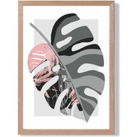 ARTZE Monstera Grey & Pink Boho Botanical Framed Print SIZE: A4 with Oak Frame | Size: A2