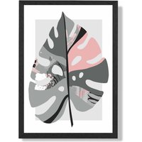 ARTZE Monstera Leaf Grey & Pink Boho Botanical Framed Print SIZE: A4 with Black Frame