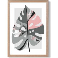 ARTZE Monstera Leaf Grey & Pink Boho Botanical Framed Print SIZE: A3 with Oak Frame