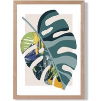 ARTZE Monstera Teal & Green Mid Century Modern Framed Print SIZE: A2 with Oak Frame | Size: A4