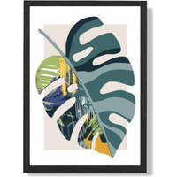 ARTZE Monstera Teal & Green Mid Century Modern Framed Print SIZE: A4 with Black Frame | Size: A2