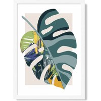ARTZE Monstera Teal & Green Mid Century Modern Framed Print SIZE: A3 with White Frame | Size: A2