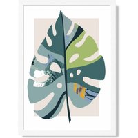 ARTZE Monstera Leaf Teal & Green Mid Century Modern Framed Print SIZE: A3 with White Frame | Size: A4