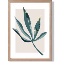 ARTZE Palm Leaf Teal & Green Mid Century Modern Framed Print SIZE: A3 with Oak Frame | Size: A2