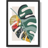 ARTZE Monstera Green & Red Minamilist Framed Print SIZE: A4 with Black Frame