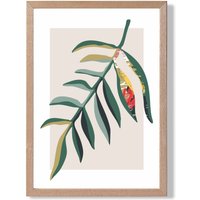 ARTZE Tropical Leaf Green & Red Minamilist Framed Print SIZE: A2 with Oak Frame | Size: A4