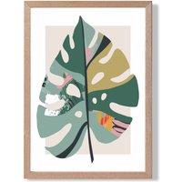ARTZE Monstera Leaf Green & Red Minamilist Framed Print SIZE: A4 with Oak Frame
