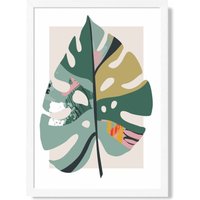 ARTZE Monstera Leaf Green & Red Minamilist Framed Print SIZE: A3 with White Frame