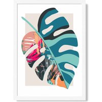 ARTZE Monstera Blue & Pink Boho Botanical Framed Print SIZE: A2 with White Frame in Mid Blue | Size: A4