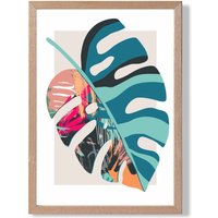 ARTZE Monstera Blue & Pink Boho Botanical Framed Print SIZE: A4 with Oak Frame in Mid Blue