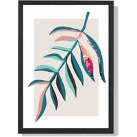 ARTZE Tropical Leaf Blue & Pink Boho Botanical Framed Print SIZE: A2 with Black Frame in Mid Blue