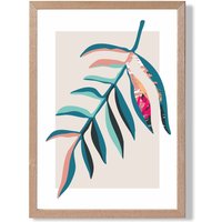 ARTZE Tropical Leaf Blue & Pink Boho Botanical Framed Print SIZE: A4 with Oak Frame in Mid Blue | Size: A2