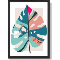 ARTZE Monstera Leaf Blue & Pink Boho Botanical Framed Print SIZE: A3 with Black Frame in Mid Blue | Size: A4