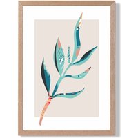 ARTZE Papyrus Leaf Blue & Pink Boho Botanical Framed Print SIZE: A4 with Oak Frame in Mid Blue | Size: A2