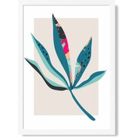 ARTZE Palm Leaf Blue & Pink Boho Botanical Framed Print SIZE: A4 with White Frame in Mid Blue | Size: A3