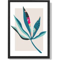 ARTZE Palm Leaf Blue & Pink Boho Botanical Framed Print SIZE: A2 with Black Frame in Mid Blue